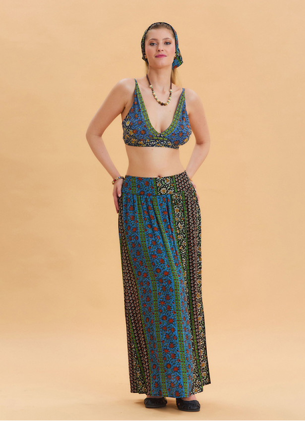 Navy Blue Long Skirt with Elastic Waist and Deep Slit 4502